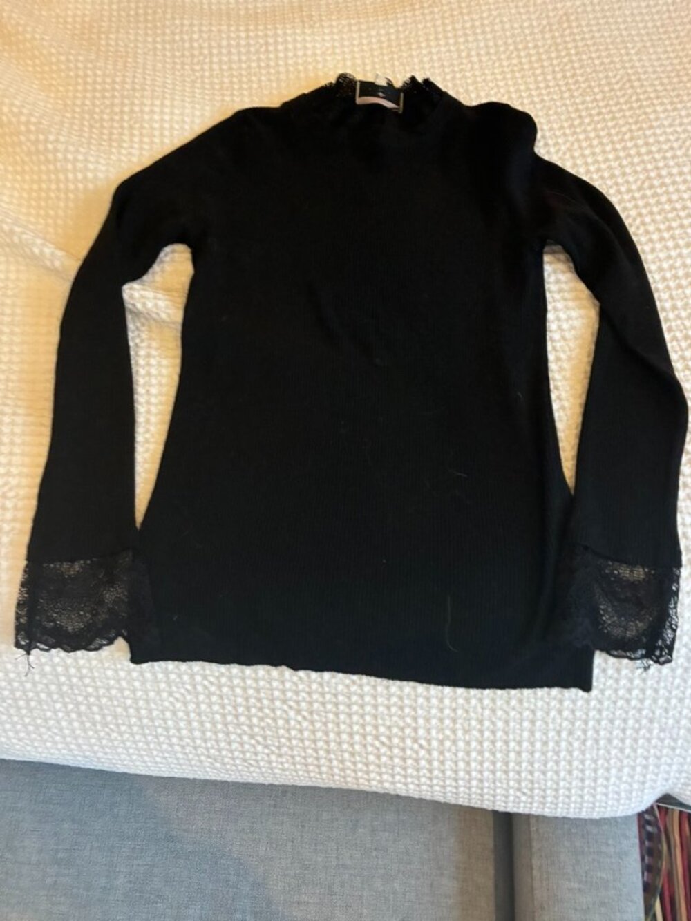 Tuckernuck Black Ribbed Lace Trim Knit Mock Turtleneck Top - Small
